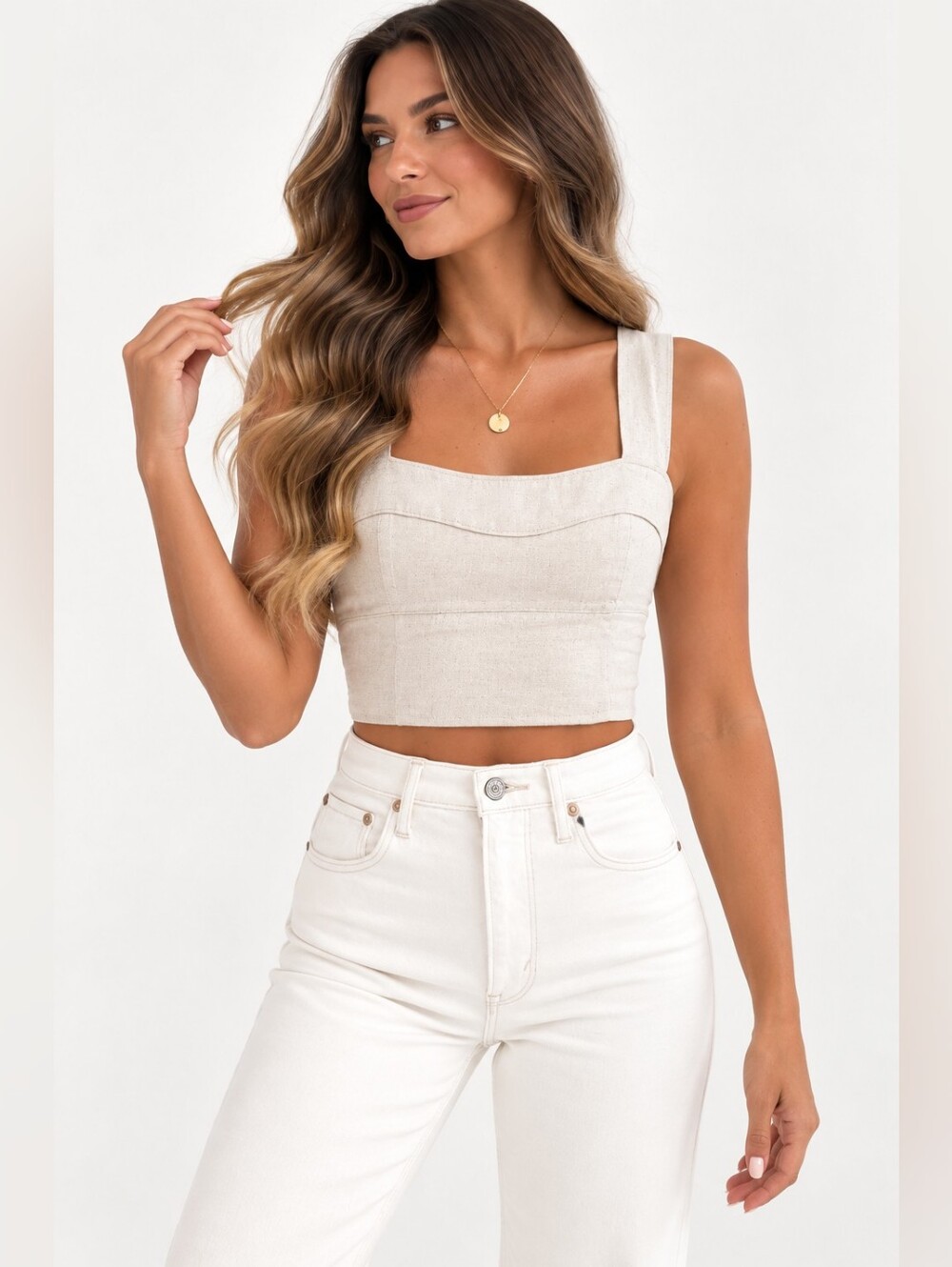 Abercrombie & Fitch Tailored Square-Neck Crop Top in Light Beige
